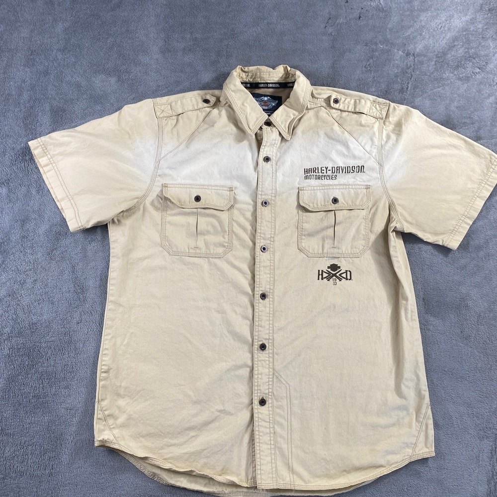 Harley Davidson Button Down Mens XL Tan Short Sleeve 96005-16VM Biker Shirt
